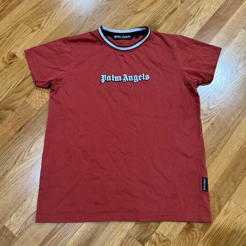 Palm Angels Womens T-Shirt Medium Burnt Red Gothic Fuzzy Logo Designer Tee